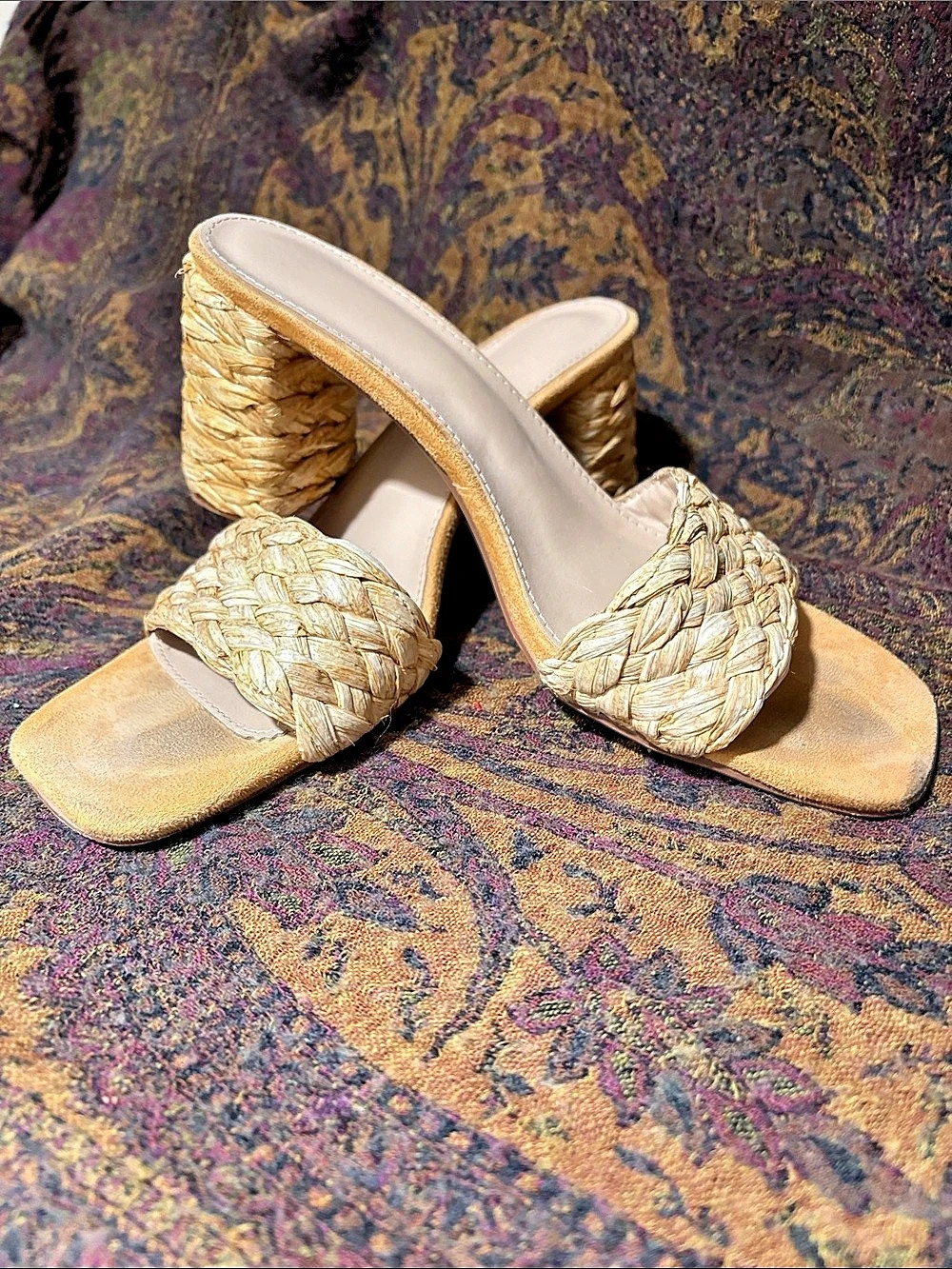 Woven Block Heel Mules in Beige US 8